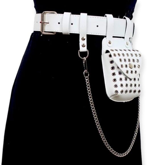 White Studded Mini Bag & Chain Belt - Gothic Y2K Streetwear Utility Pouch NWT main image 4